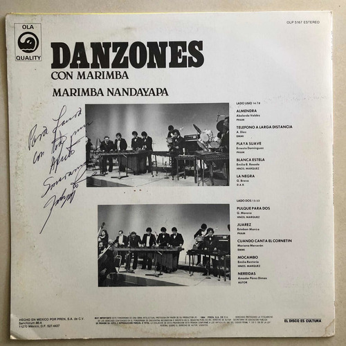 Marimba Nandayapa Lp Danzones Con Marimba Autografiado (Usado)