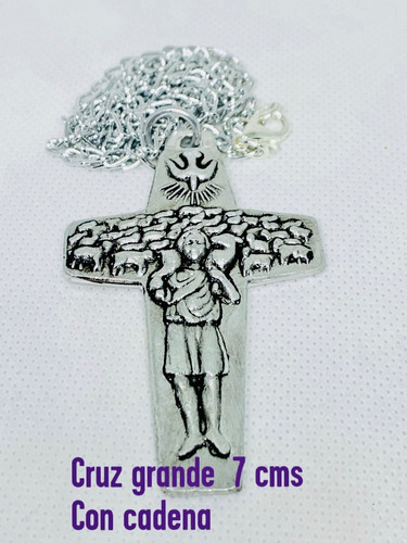 Cruz Grande 7 Cms Con Cadena Papa Francisco Buen Pastor 1pza