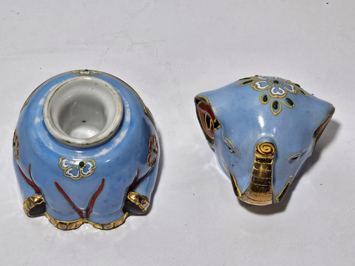 Antiguo Tintero De Escritorio Porcelana Elefante Japon (Usado)