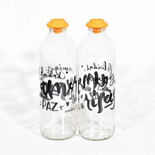 Botella De Vidrio 1lt Decorada Diseño + Tapón 3 En 1 (posi)