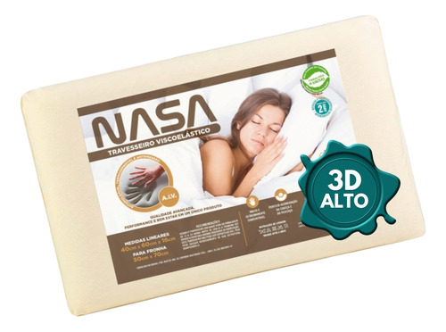 Travesseiro Nasa Alto Viscoelastico 50x70 16cm Antialergico
