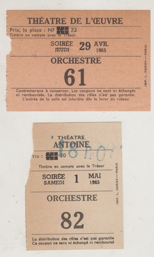 1965 Dos Entradas A Teatros De Paris Francia Ephemera Raros 