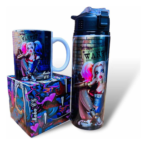 Cilindro Para Agua+taza Harley Quinn Color Azul Marino