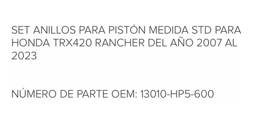 Set Anillos Para Pistón Medida Std Honda Trx420 2007-2023