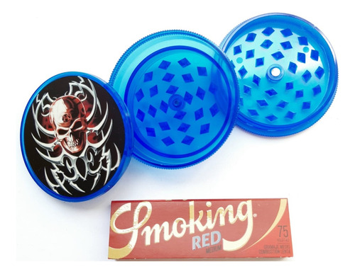 Combo Grinder Azul 3 Pcs + 1 Caja Cueros Smoking Rojo 1/4