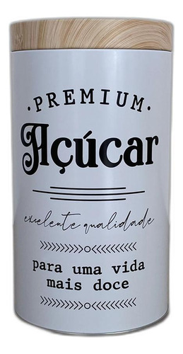 Lata De Açúcar Branca Metal Tampa De Bambu Hermética 1,5kg