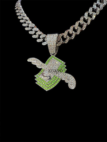 Collar Cubana Ice + Dije Money Fly Ice Strass Simil Oro Trap Plateado