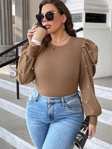 Remera Blusa Con Mangas Con Perlas Plus Size