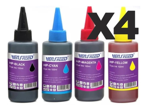 Pack4 Tinta Impresora Dye Hp 100 Ml Los 4 Colores Cada Color