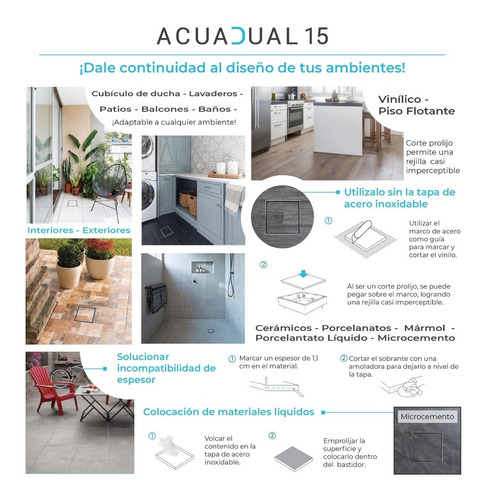 Imagen 5 de 8 de Desague 15x15 Vista Dual Porcel/inox. Acuadual Baño Me