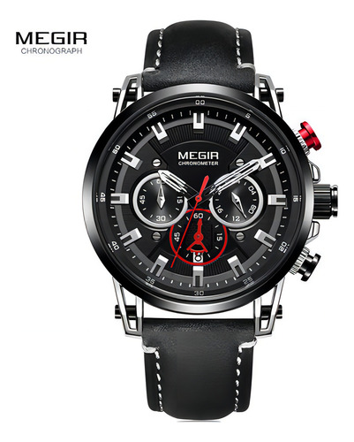 Reloj Cronógrafo De Cuero Impermeable Megir Quartz Color Del Bisel Negra/plateado