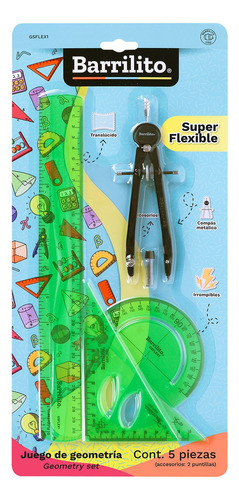 Juego De Geometría Súperflex Barrilito, Color Verde - 5 Pzs