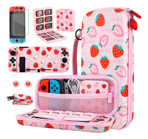 Gldram Pink Strawberry Carrying Case Bundle For Nintendo Sw.