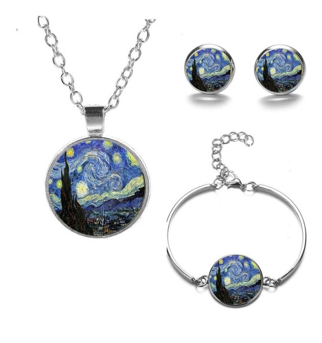 Set Collar Pulsera Aretes Noche Estrellada Van Gogh Mujer