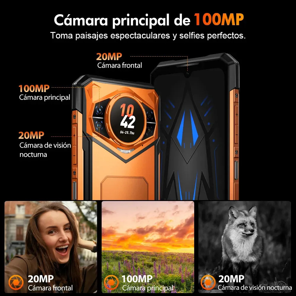 DOOGEE S200E 5G AI Celular Resistente Android 16,Pantalla Trasera Multifunción de 1,32",48GB+256GB/2TB,100MP+20MP Teléfono Robusto,10100mAh 33W,6.72" FHD+120Hz con Auriculares,NFC/Face ID/WiFi6/IP68 N