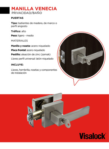 Cerradura Manilla Venezia Baño Plateada Sin Llave Visalock