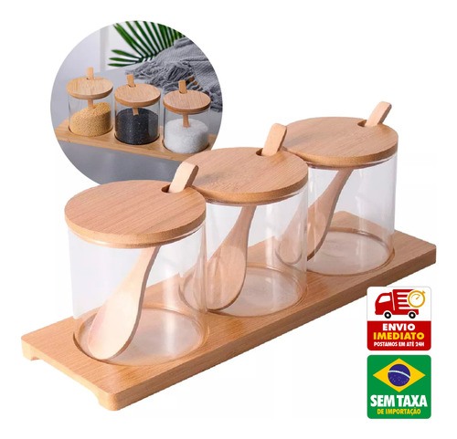 Kit Porta Temperos Cozinha Vidro Colher Suporte Bambu 300ml