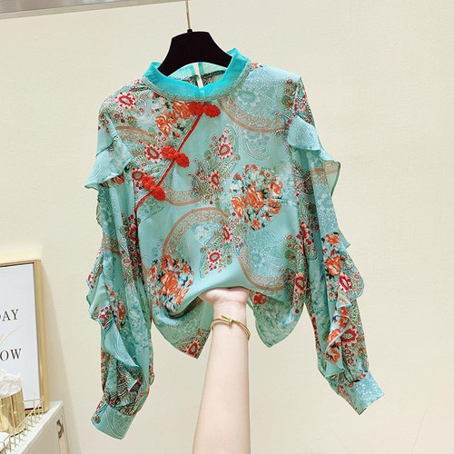 Camisa Retro De Chifón Con Volantes Y Botones En Forma De Di