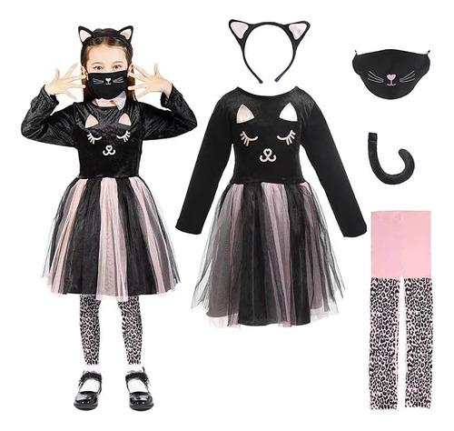 Disfraz Gato Para Niñas Vestido Cosplay Gato Con Diadema Y C