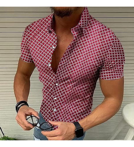 Camisa De Manga Corta A Cuadros Para Hombre, Casual, Talla G