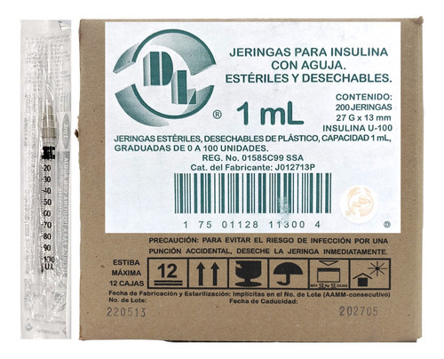 Jeringas Para Insulina 1ml Con Aguja 27x13 Caja Con 200 Capacidad en volumen 1 mL