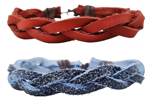 Kit 2 Pulseiras Masculina Bracelete Ajustável Couro Trançado Comprimento 18 cm Cor Vermelho e Azul