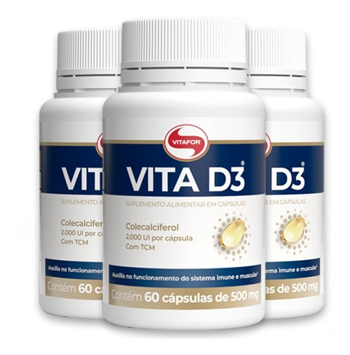 Kit 3 Vita D3 Vitamina D 60 Cápsulas Vitafor. Sabor Sem Sabor