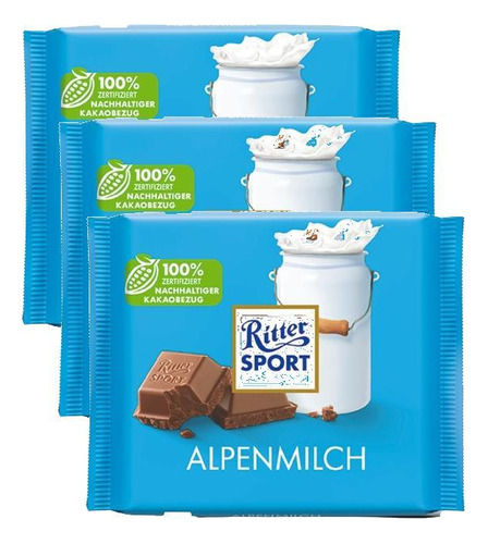 Kit 3 Chocolate Ritter Sport Chocolate Ao Leite (100g)