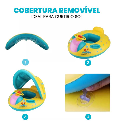 Boia Bote Bebê Infantil Menino Menina Inflável Piscina Praia Bote Cobertura Proteção Raios Uv Tippi