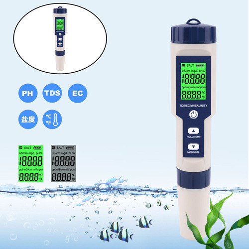 5 En 1 Lcd Tds Ph Meter Conductividad Piscina Agua Salinidad