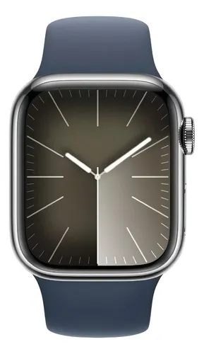 Apple Watch Series 9 GPS + Cellular • Caixa prateada de aço inoxidável – 41 mm • Pulseira esportiva azul-tempestade – M/G