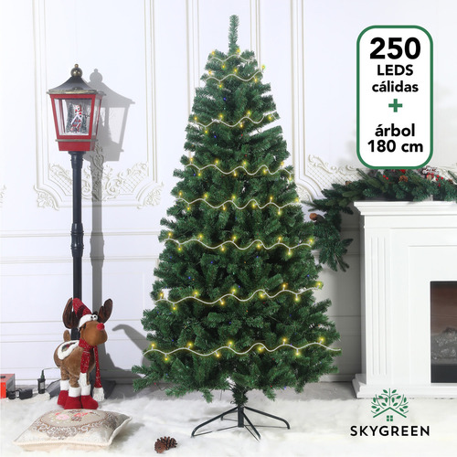 Árbol De Navidad Artificial 1.80 M Verde + Guirnalda De 250 Luces Led 23 M 800 Ramas Soporte De Metal Pino Navideño Frondoso Luces De Navidad Skygreen