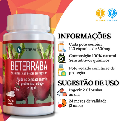 3 Potes beterraba extrato seco puro kit 360 cáps Status Verde
