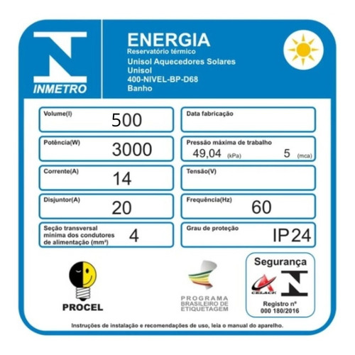 Reservatório Boiler Solar 500 Litros Bp 304 L + Resistência