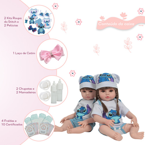 Boneca Reborn Gêmeos Realistas 46cm Enxoval Stitch Fofinho