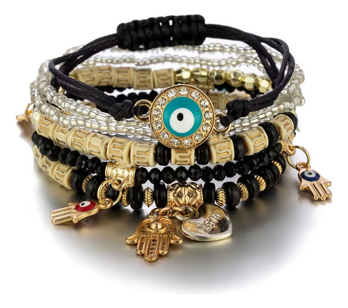 Set 6 Pulseras Piedra Boho Ojo Turco Brazalete Dama Bohemio Negro 43.18 Cm