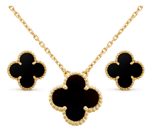 Colar Trevo Quatro Folhas Virgina + Brincos Banhado Ouro 18k Cor Preto