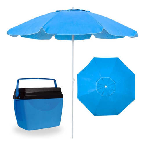 Kit Guarda Sol Azul Bahia 2 M Bagum E Aluminio + Cooler 34 L