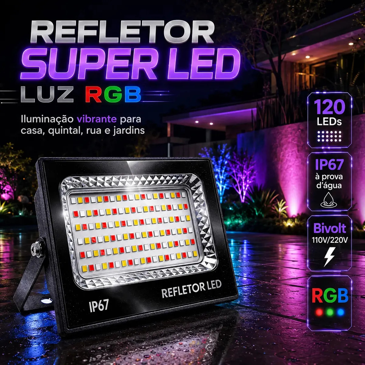 Kit 2 Refletor Super Led Holofote 400w À Prova D'água Carcaça Preta Luz Colorido Rgb Multicores Ip67 Decoração