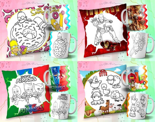 Kit Diseños Tazas Almohadones Colorear Dia Del Niño Combo #4