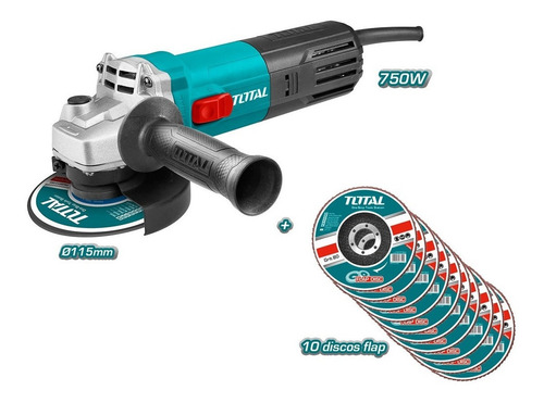 Imagen 4 de 10 de Amoladora Angular Total 750w Con 10 Discos Flap