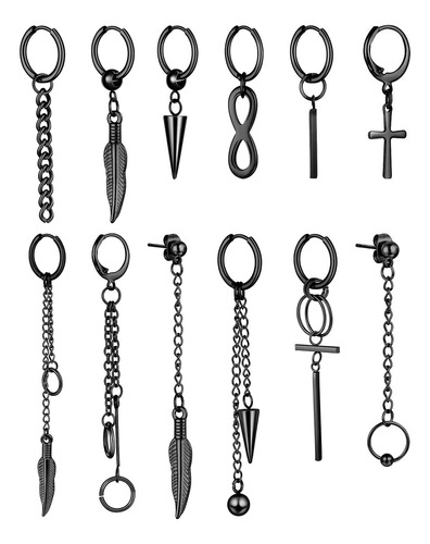 12 Pcz Aretes Hombre Negros Piercing Acero Colgantes P-s