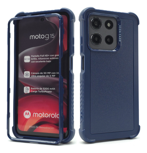 Funda 3 En 1 Para Moto G15 Case Uso Rudo Full Protector Multishield - Azul Marino Moto G15
