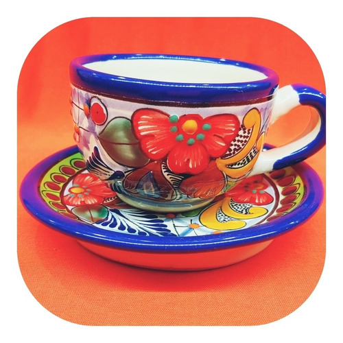 Set De 6 Tazas Con Plato De Talavera Poblana En Color 