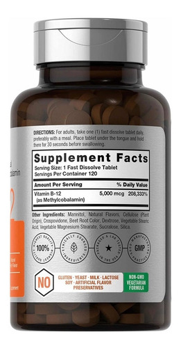 Imagen 2 de 3 de Vitamina B12 Sublingual 5000mcg 120 Tabletas Hecho En Usa