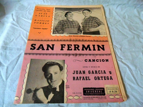 San Fermin, Garcia Y Rafael Ortega Partitura Cancionero Espa