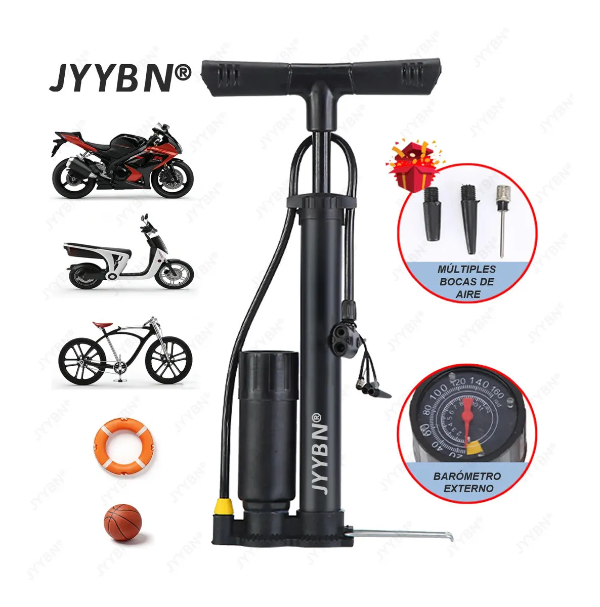 Bomba de Aire Manual Portátil JYYBN de Pie, Con Manómetro y 160 PSI Para Bicicleta, Moto y Balones