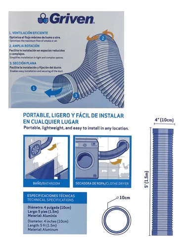 Ducto Flexible 4 Pulgadas Secadora Campana 1.5 De Largo