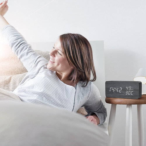 Reloj Despertador Digital De Madera, Reloj De Escritorio Led