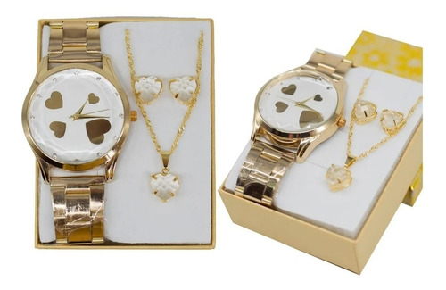 Relógio Feminino Dourado + Kit Colar E Brinco Foliado + Caix